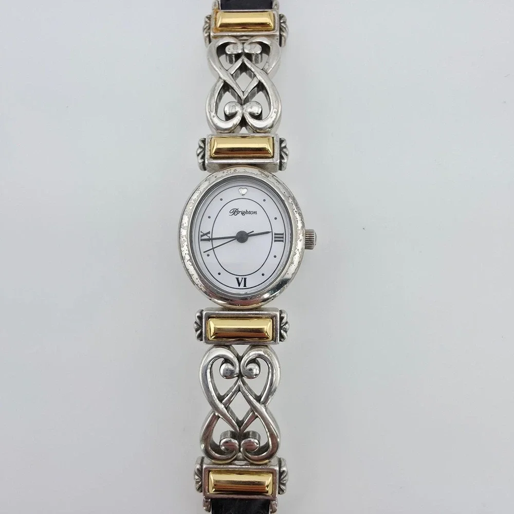 BRIGHTON 'Champagne' Watch Black Leather Band Scrollwork Gold Silver Plate 7.25